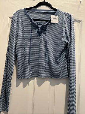 American Eagle Outfitters Blue & White Striped Lace-Up Long Sleeve Crop Top